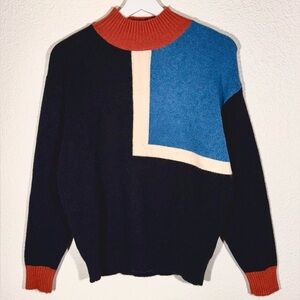 Chicwish Women’s Colorblock Mock Neck Sweater - Black, Blue, and Rust